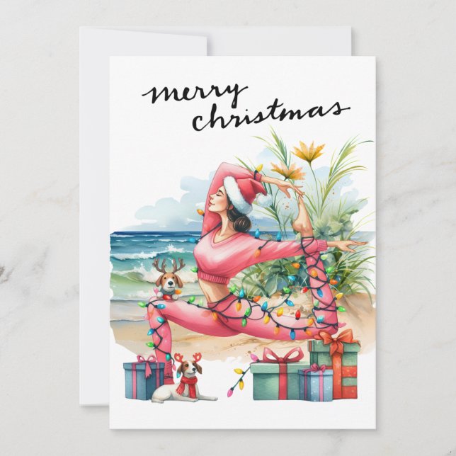 Yoga Woman med Gift vid Beach-jultemat Julkort (Framsida)