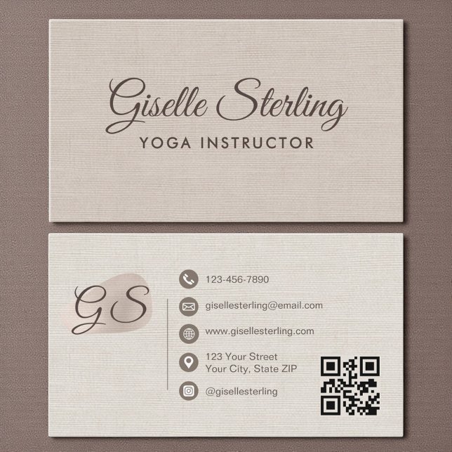 Yogainstruktör Beige Linne Elegant QR-kod Visitkort (Skapare uppladdad)