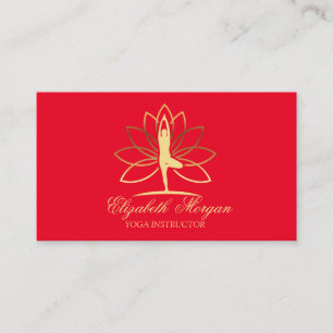 Yogainstruktör, Röd, Guld Kvinnlig Siluett Lotus Visitkort