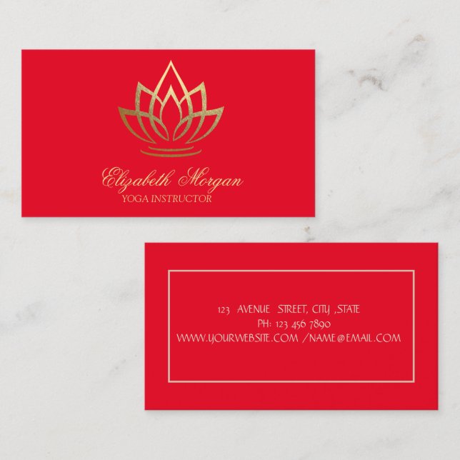 Yogainstruktör, Röd, Guld Lotus Visitkort (Fram/baksida)
