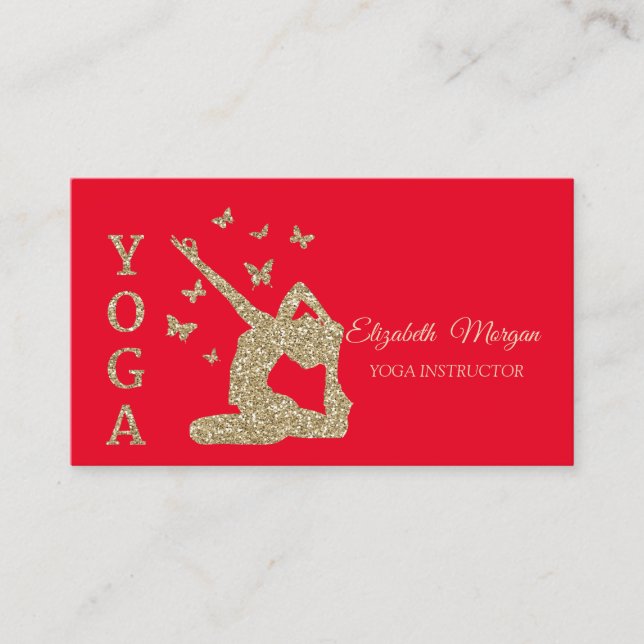 Yogainstruktör, Röd, Guldglitter Kvinnlig Siluett Visitkort (Framsida)