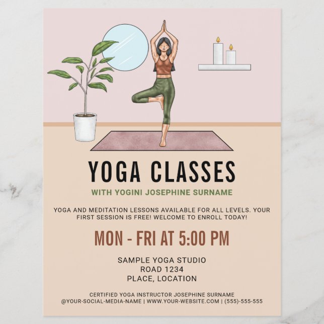 Yogaklasser Trädpose Yogini Instruktör Lektioner Reklamblad (Framsidan)