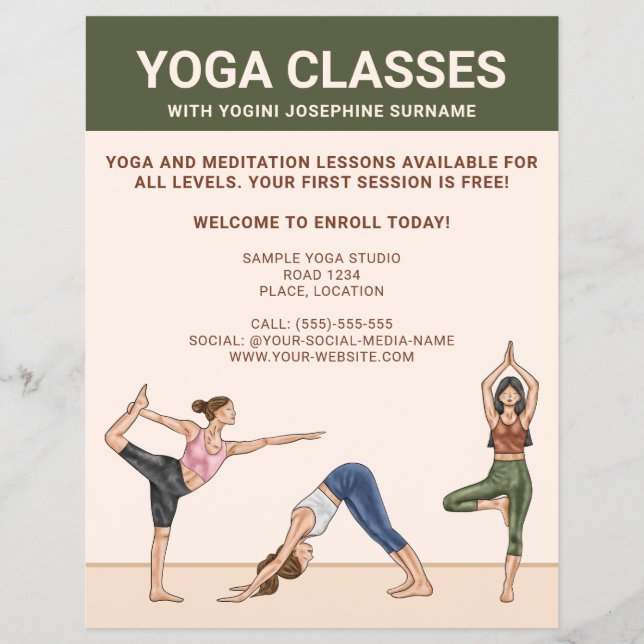 Yogaklasser Yogainstruktör Meditationslektioner Reklamblad (Framsidan)