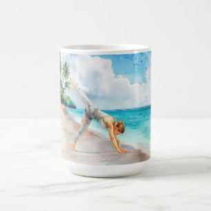 Yogaställning vid stranden kaffemugg