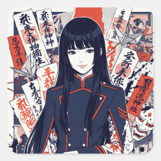 Yokai and protective talismans depicted in a Japan Fyrkantigt Klistermärke