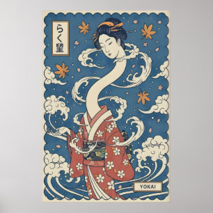 Yokai konsttryck Styliserad långhalsad ande Poster