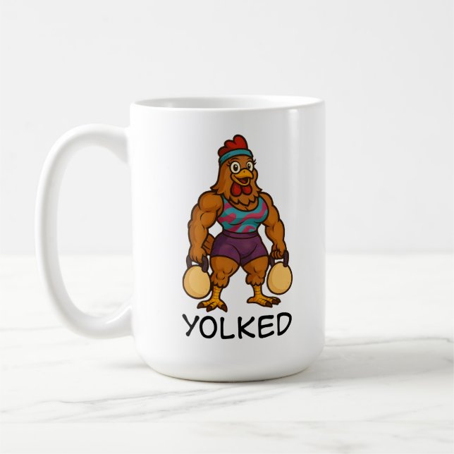 Yolked Hen – Funny Strong Chicken Kettlebell Gym Kaffemugg (Vänster)