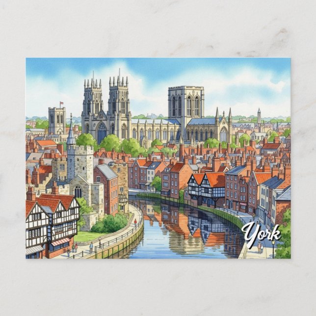 York England Watercolor Postcard Vykort (Framsida)