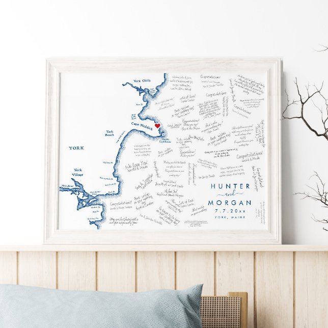 York Maine Bröllop Modern Karta Guest Bok Poster (This York Maine Map guestbook poster is perfect for your destination wedding to Cape Neddick)