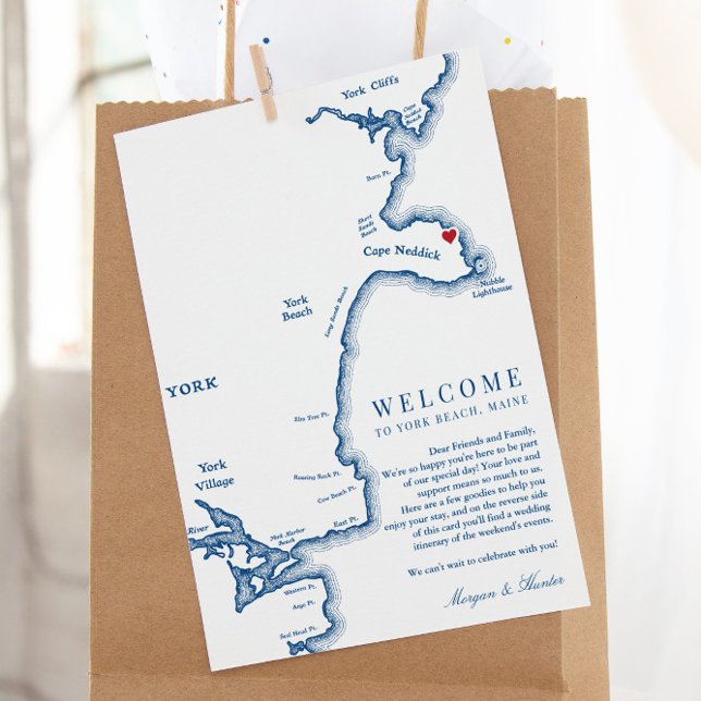 York Maine Bröllop Welcome Itinerary Tack Kort (These York Maine wedding welcome letters have a wedding itinerary for your weekend events too)