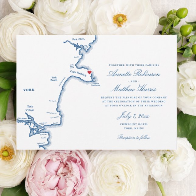 York Maine Elegant Navy Kart Bröllop Inbjudningar (Viewpoint Hotel Wedding Invitation with York Maine Map in elegant navy blue by Coastal Map Designs)