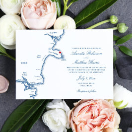 York Maine Elegant Navy Karta Bröllop Inbjudningar