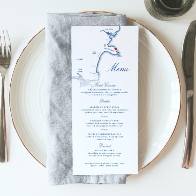 York Maine Karta Elegant Navy Script Bröllop Meny (These York Beach Maine wedding menus are perfect for your wedding at the view point hotel)