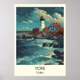 York Maine Vintage Lighthouse Coastal Vågar Art Poster