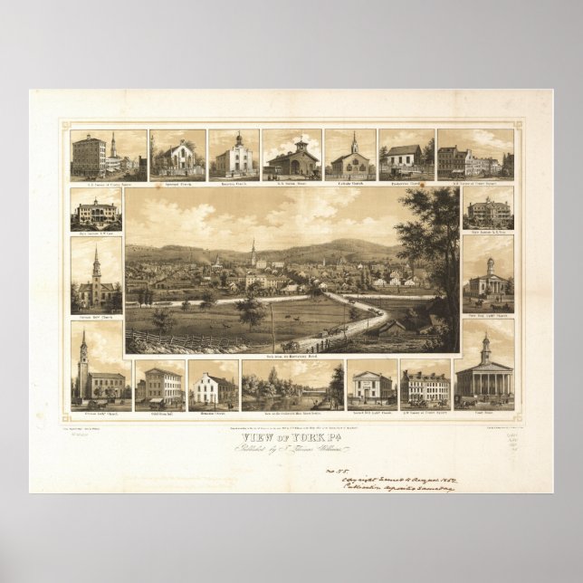 York Pennsylvania 1852 Antique Panoramic Karta Poster (Framsidan)