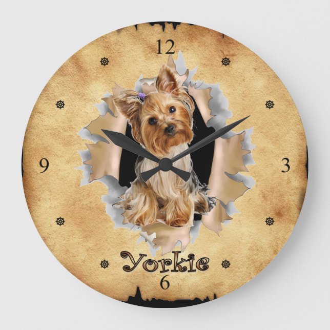 Yorkie bryter igenom Papprare Bag Clock! ~ Stor Klocka (Framsida)