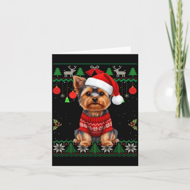 Yorkie Dog Christmas Wearing Ugly Christmas Sweate Kort (Framsida)