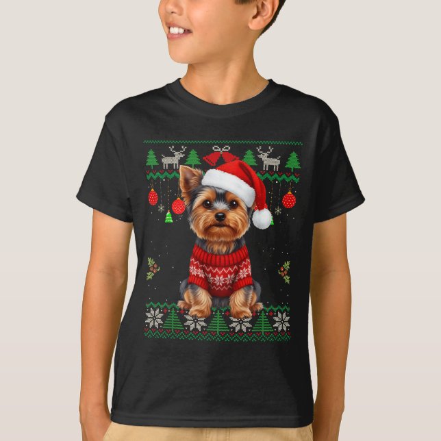 Yorkie Dog Christmas Wearing Ugly Christmas Sweate T Shirt (Framsida)