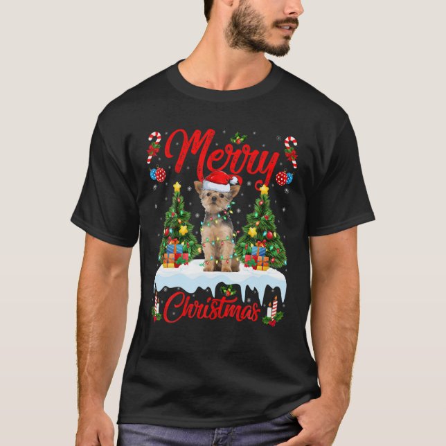 Yorkie Dog Lover Xmas Lighting Santa Yorkie Christ T Shirt (Framsida)