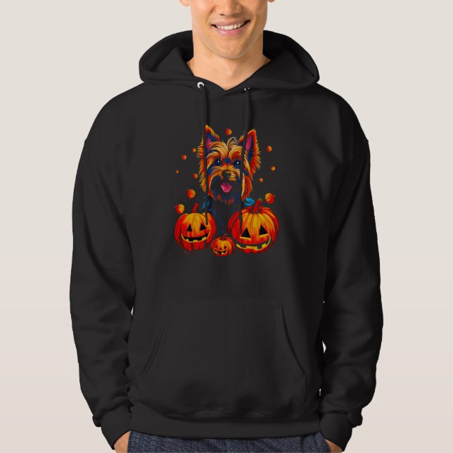 Yorkie Dog Yorkshire Terrier Halloween Pumpkin Hoodie (Framsida)