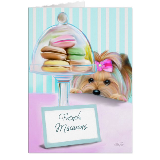 Yorkie Fransk Macarons Hälsningskort (Framsidan)