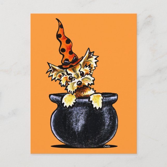 Yorkie Halloween God Häxa Utan Rem Art ™ Vykort (Framsida)