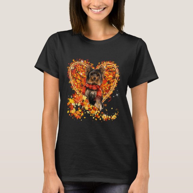 Yorkie Hej Höstblad Hjärt Fall Thanksgiving T Shirt (Framsida)