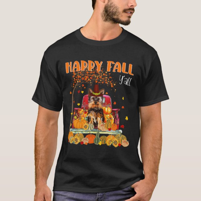 Yorkie Hund Autumn Fall Pumpkin Lastbil Mappe Than T Shirt (Framsida)