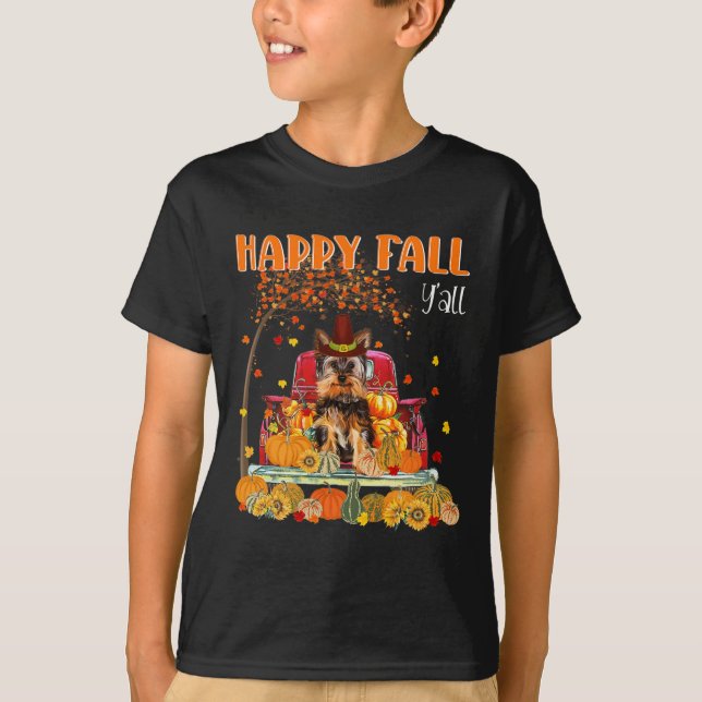 Yorkie Hund Autumn Fall Pumpkin Lastbil Mappe Than T Shirt (Framsida)