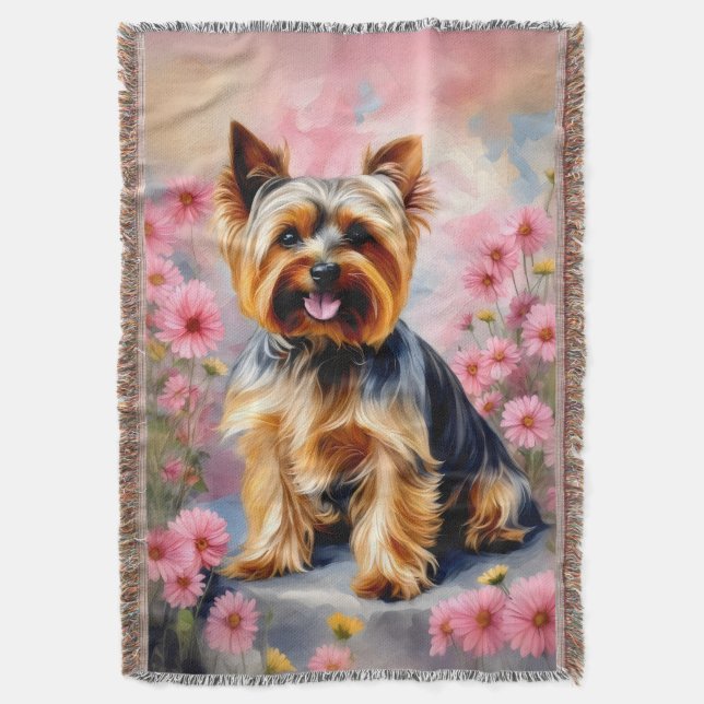 Yorkie Hund Flower Filt (Framsidan Vertikal)