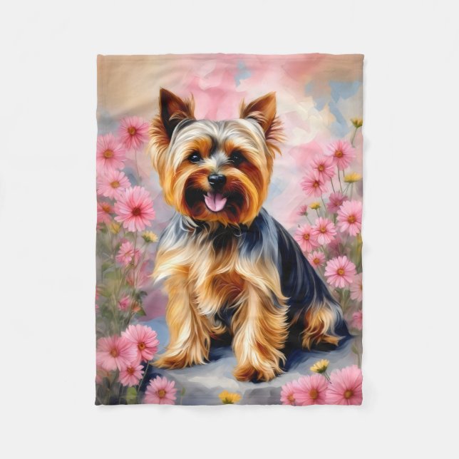 Yorkie Hund Flower Fleecefilt (Framsidan)