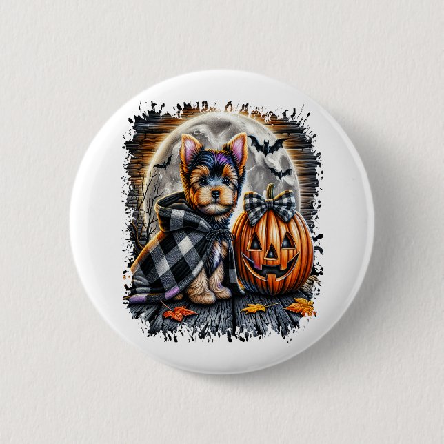Yorkie Hund Halloween Square Knapp (Framsida)
