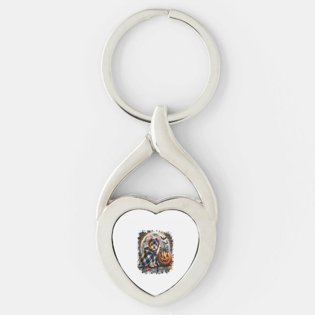 Yorkie Hund Halloween Square Twisted Heart Silverfärgad Nyckelring (Framsidan)