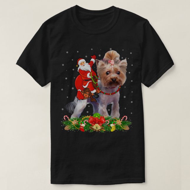 Yorkie Hund Julafton Funny Santa Riding Yorkie Chr T Shirt (Design framsida)