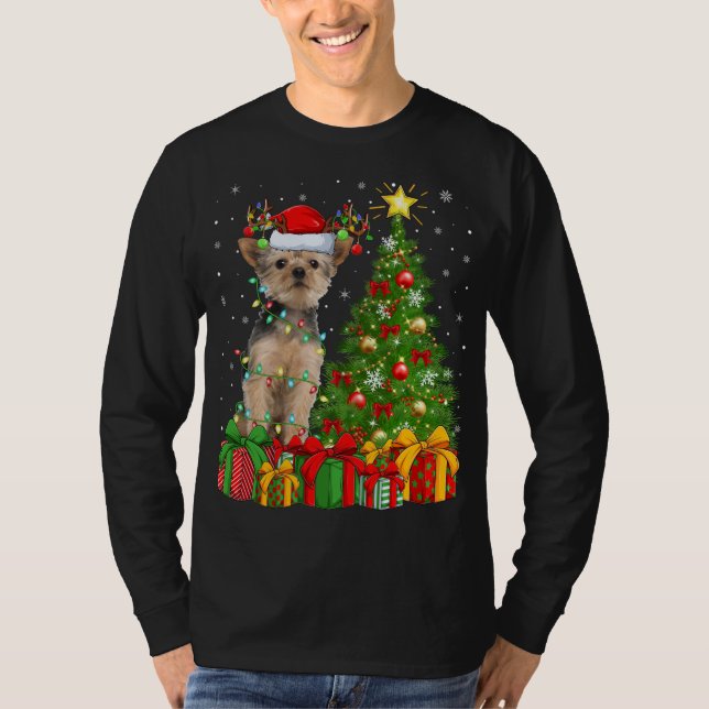 Yorkie Hund Lighting Julafton Träd Santa Hat Yorki T Shirt (Framsida)