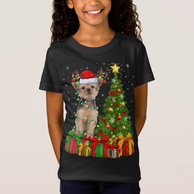 Yorkie Hund Lighting Julafton Träd Santa Hat Yorki T Shirt (Framsida)