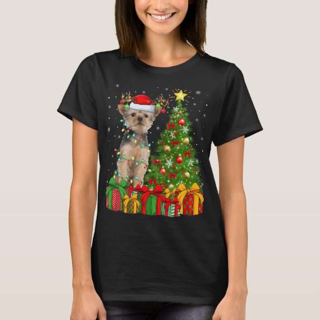 Yorkie Hund Lighting Julafton Träd Santa Hat Yorki T Shirt (Framsida)