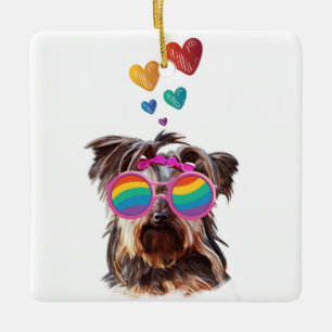 Yorkie Hund med hjärtans Alla hjärtans dag Julgransprydnad Keramik