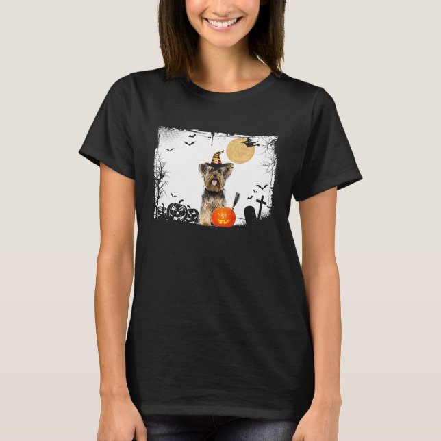 Yorkie Hund med pumpkin Halloween Costume Breed T Shirt (Framsida)