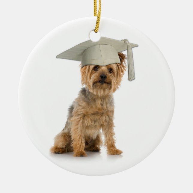 Yorkie Hund med Studenten Hat Julgransprydnad Keramik (Framsidan)