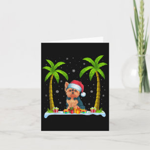 Yorkie Hund Santa Hat Handflatan Träd Beach Julaft Kort