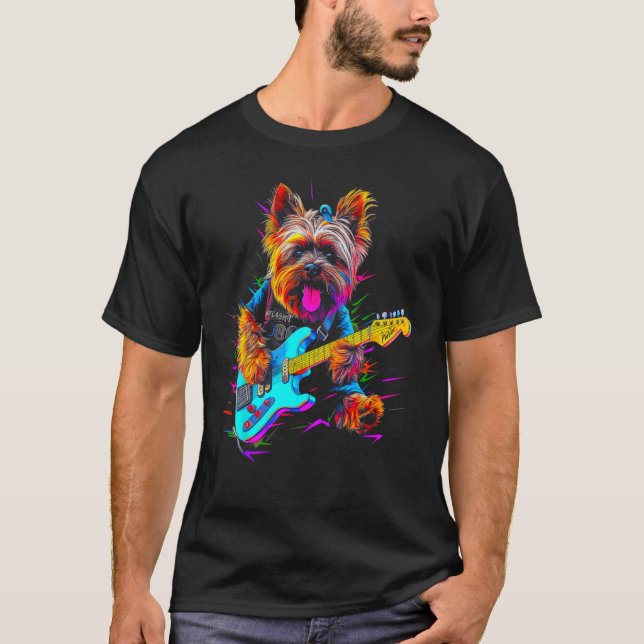 Yorkie Hund Yorkshire Terrier Guitarist T Shirt (Framsida)
