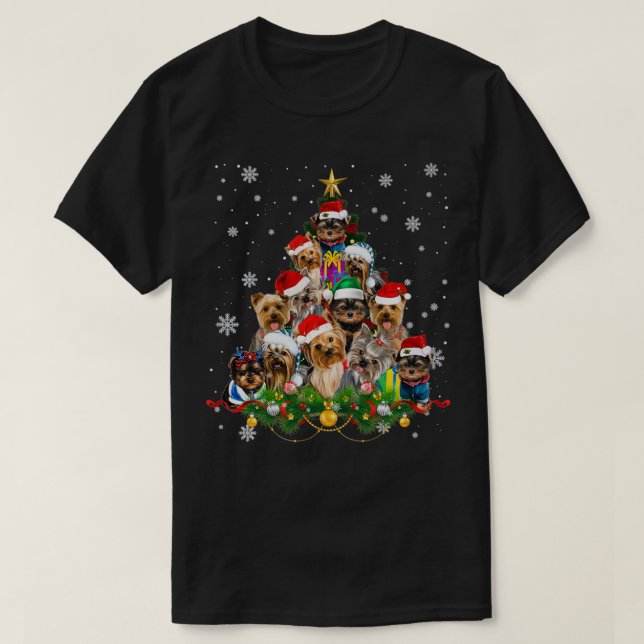 Yorkie Hundar Träd jul Sötare Julafton Pet Animal T Shirt (Design framsida)