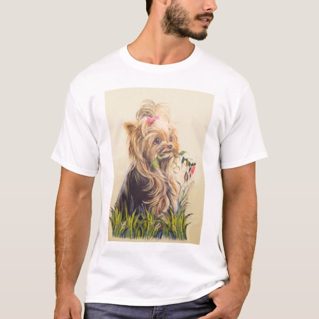 "Yorkie i det trädgårds- ", T-shirt (Framsida)
