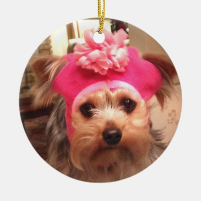 Yorkie i en hatt julgransprydnad keramik (Framsidan)