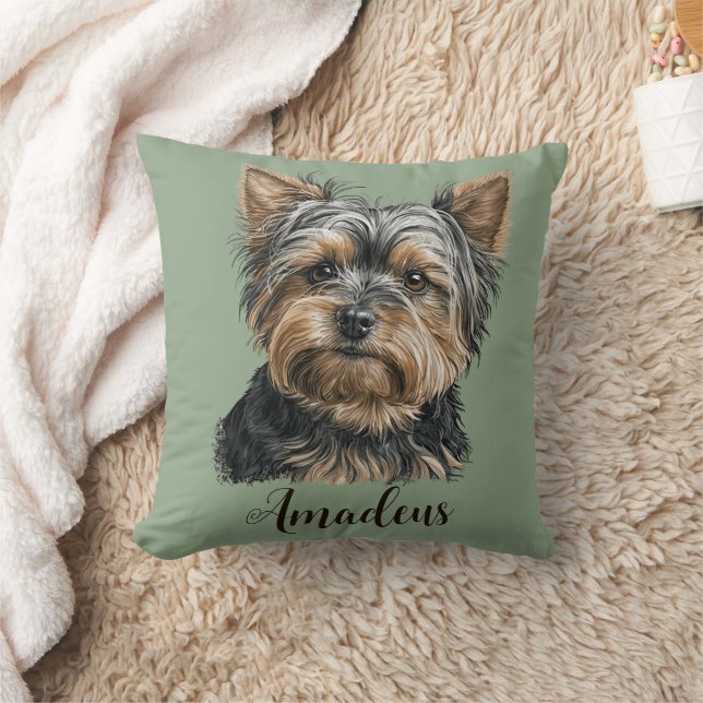 Yorkie Illustration Hund Grönt Home Decor Kudde (Filt)