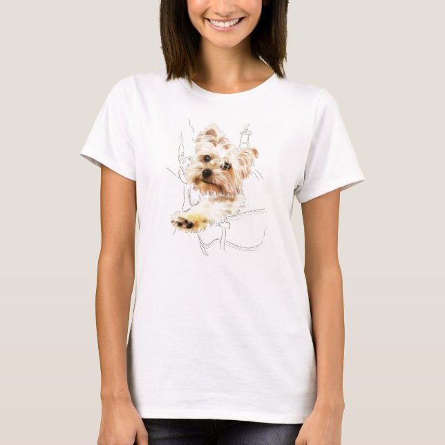 Yorkie in Backpack - Färg Teckning T-Shirt (Framsida)