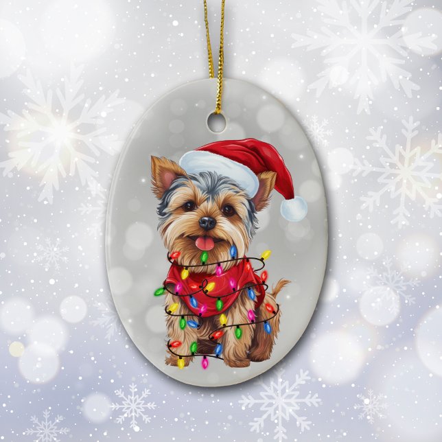 Yorkie in jul Ljus Ceramic Ornament (Skapare uppladdad)