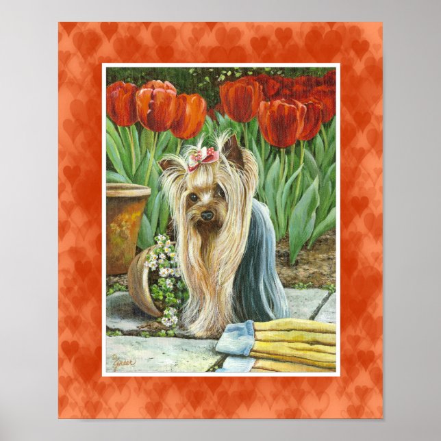 Yorkie in Tulip Garden Kanvastryck Poster (Framsidan)