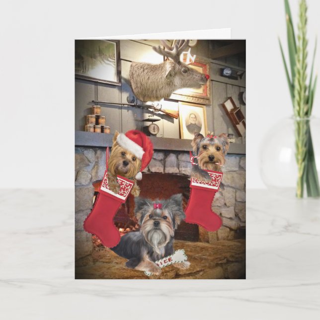 Yorkie Jul Fireplace Cards Helgkort (Framsida)